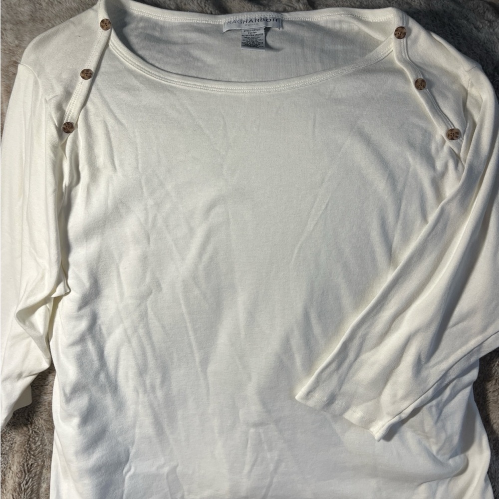Sag Harbor White  Long Sleeve Top with Button Accents